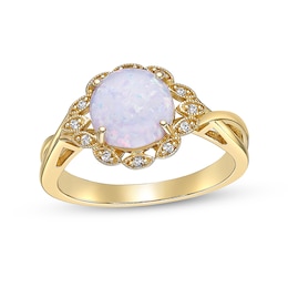 8.0mm Lab-Created Opal and White Lab-Created Sapphire Art Deco Twist Shank Ring in Sterling Silver with 18K Gold Plate