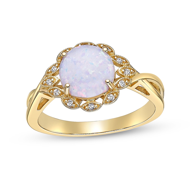 Main Image 1 of 8.0mm Lab-Created Opal and White Lab-Created Sapphire Art Deco Twist Shank Ring in Sterling Silver with 18K Gold Plate