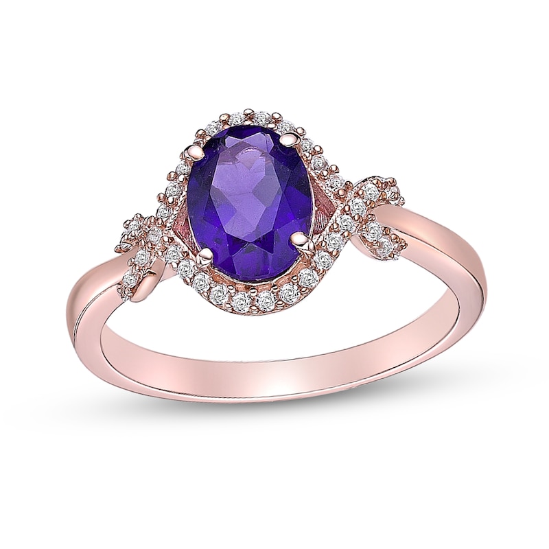 Main Image 1 of Oval Amethyst and White Topaz Infinity Ribbon Frame Ring in Sterling Silver with 18K Rose Gold Plate