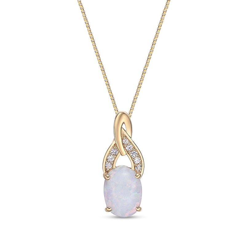 Main Image 1 of Oval Lab-Created Opal and White Topaz Infinity Flame Drop Pendant in Sterling Silver with 18K Gold Plate