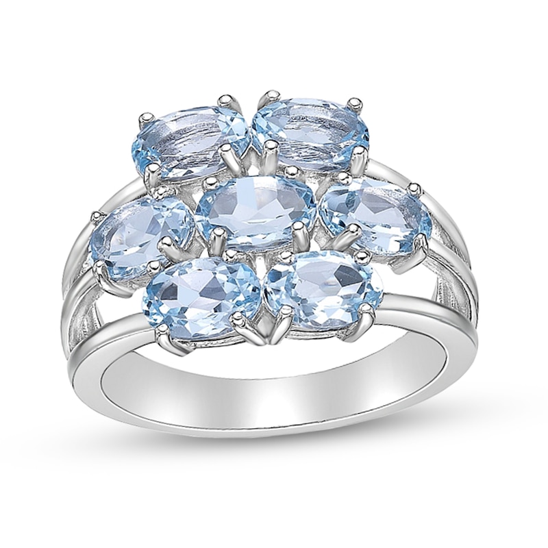 Main Image 1 of Sideways Oval Blue Topaz Seven Stone Triple Row Split Shank Ring in Sterling Silver