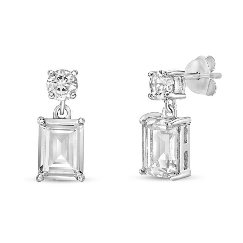 Main Image 1 of Emerald-Cut and Round White Topaz Double Drop Earrings in Sterling Silver