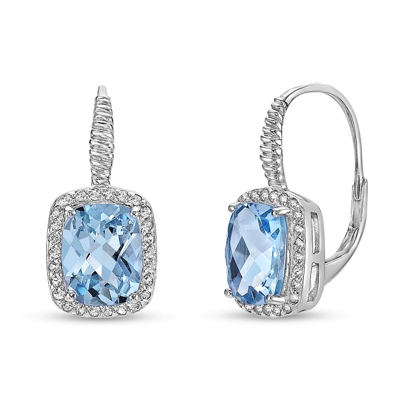 Main Image 1 of Cushion-Shaped Sky Blue and White Topaz Frame with Rope-Textured Drop Earrings in Sterling Silver