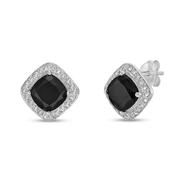 7.0mm Cushion-Cut Onyx and White Topaz Frame Stud Earrings in Sterling Silver