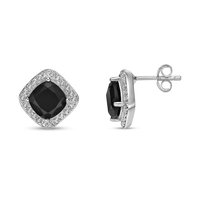 Main Image 2 of 7.0mm Cushion-Cut Onyx and White Topaz Frame Stud Earrings in Sterling Silver