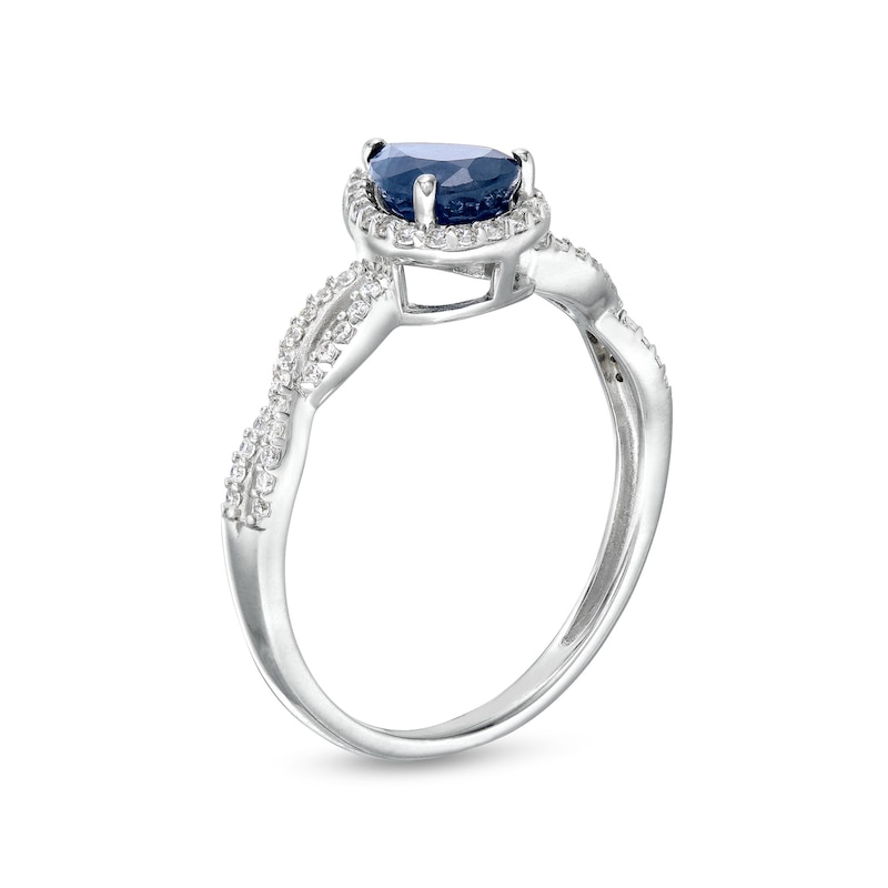 Pear-Shaped Blue Sapphire and 1/6 CT. T.W. Diamond Frame Loose Braid Ring in 10K White Gold