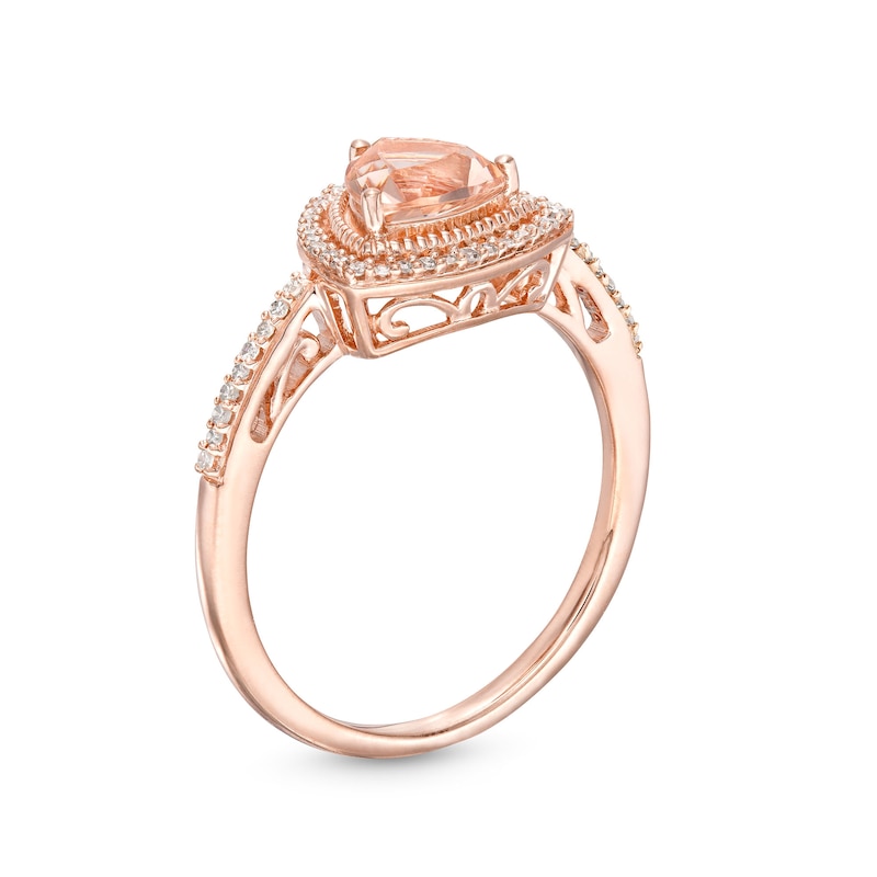 6.0mm Trillion-Cut Morganite and 1/8 CT. T.W. Diamond Frame Vintage-Style Ring in 10K Rose Gold