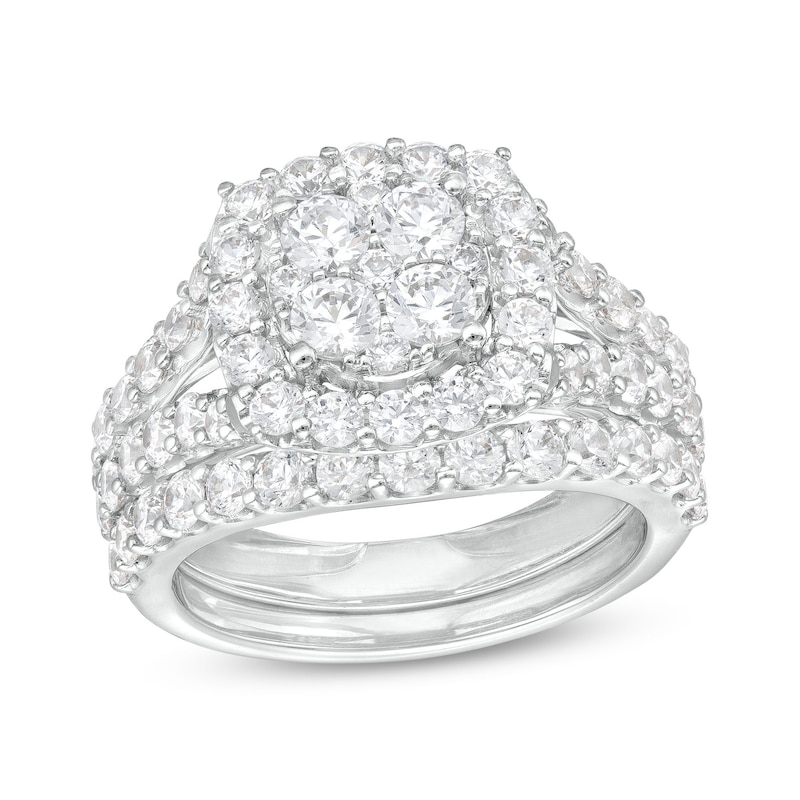 Main Image 1 of 2-5/8 CT. T.W. Multi-Diamond Open Cushion-Shaped Frame Double Row Split Shank Bridal Set in 10K White Gold