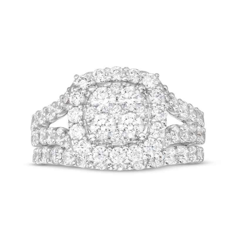 Main Image 4 of 2-5/8 CT. T.W. Multi-Diamond Open Cushion-Shaped Frame Double Row Split Shank Bridal Set in 10K White Gold