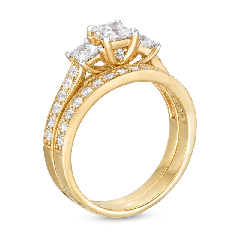 1-1/2 CT. T.W. Princess-Cut Diamond Three Stone Vintage-Style Bridal Set in 14K Gold