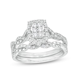 1/5 CT. T.W. Emerald-Shaped Multi-Diamond Open Cushion Frame Twist Shank Bridal Set in Sterling Silver