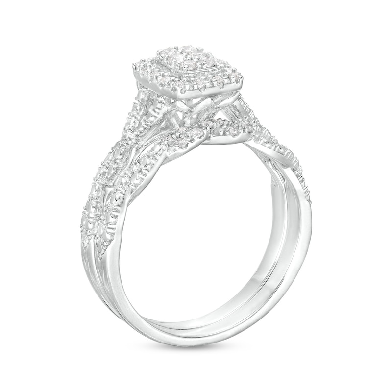 Main Image 3 of 1/5 CT. T.W. Emerald-Shaped Multi-Diamond Open Cushion Frame Twist Shank Bridal Set in Sterling Silver