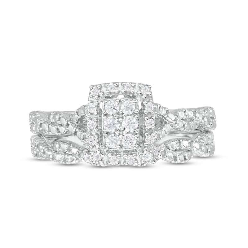 Main Image 4 of 1/5 CT. T.W. Emerald-Shaped Multi-Diamond Open Cushion Frame Twist Shank Bridal Set in Sterling Silver