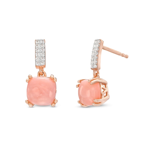7.0mm Cushion-Cut Pink Opal And White Lab-Created Sapphire Drop Earrings In Sterling Silver With 14K Rose Gold Plate