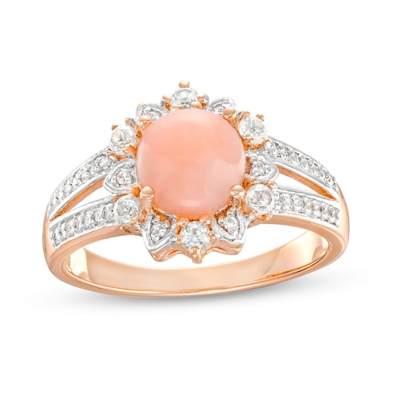 7.0mm Pink Opal And White Lab-Created Sapphire Floral Frame Ring In Sterling Silver With 14K Rose Gold Plate â Size 7
