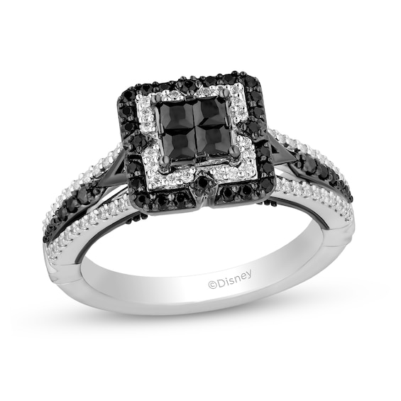 Enchanted Disney Villains Maleficent 1 CT. T.W. Black And White Quad Diamond Frame Engagement Ring In 14K White Gold
