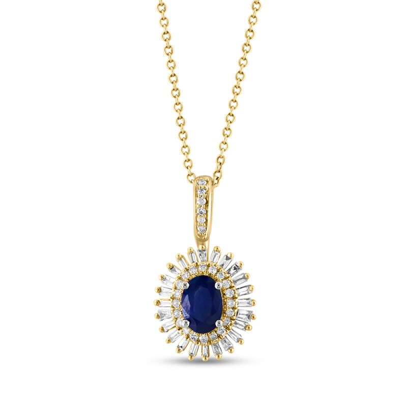 Main Image 1 of EFFY™ Collection Oval Blue Sapphire and 1/4 CT. T.W. Baguette Diamond Sun Frame Drop Pendant in 14K Gold