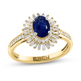 EFFY™ Collection Oval Blue Sapphire and 1/4 CT. T.W. Baguette Diamond Sun Frame Ring in 14K Gold
