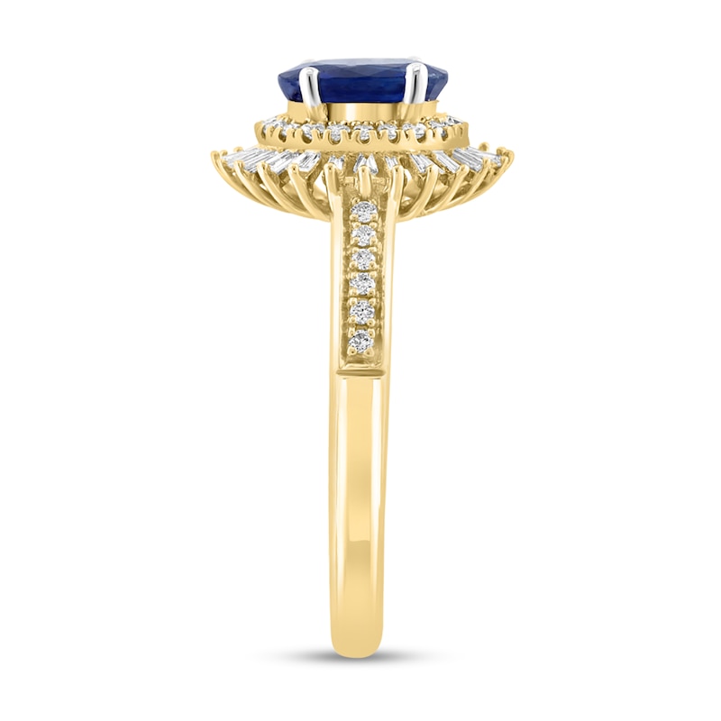 Main Image 2 of EFFY™ Collection Oval Blue Sapphire and 1/4 CT. T.W. Baguette Diamond Sun Frame Ring in 14K Gold