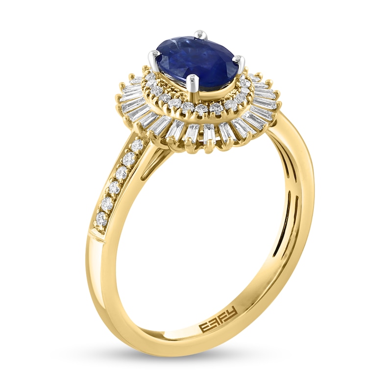 Main Image 3 of EFFY™ Collection Oval Blue Sapphire and 1/4 CT. T.W. Baguette Diamond Sun Frame Ring in 14K Gold