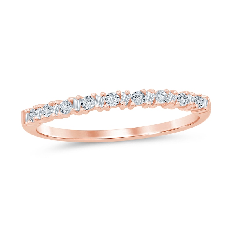 Main Image 1 of 1/15 CT. T.W. Baguette and Round Diamond Slanted Stackable Band in 10K Rose Gold