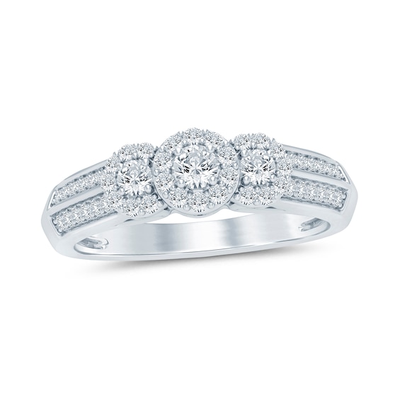 1/2 CT. T.W. Diamond Frame Three Stone Double Row Engagement Ring In 14K White Gold (I/I2)
