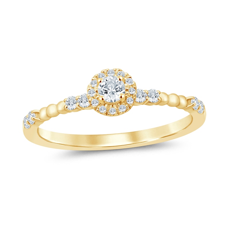 Main Image 1 of 1/4 CT. T.W. Diamond Frame and Bead Trio Station Promise Ring in 10K Gold