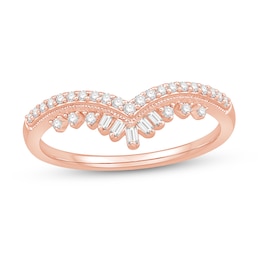 1/5 CT. T.W. Baguette and Round Diamond Double Row Vintage-Style Chevron Anniversary Band in 14K Rose Gold