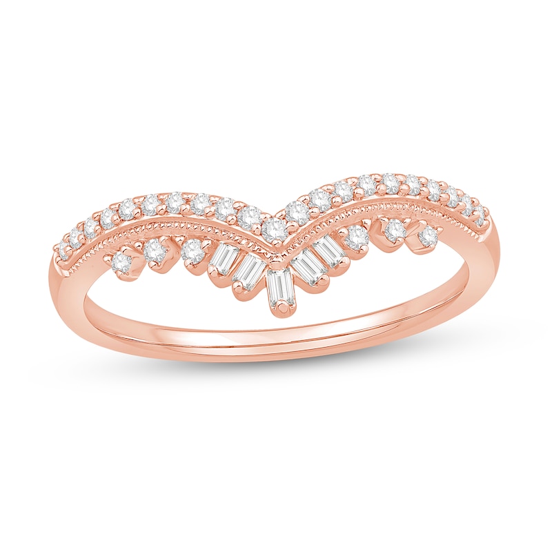 Main Image 1 of 1/5 CT. T.W. Baguette and Round Diamond Double Row Vintage-Style Chevron Anniversary Band in 14K Rose Gold