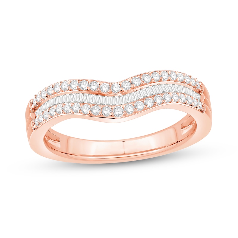 Main Image 1 of 1/3 CT. T.W. Baguette and Round Diamond Triple Row Contour Anniversary Band in 14K Rose Gold