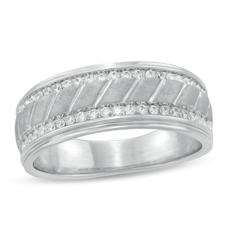 Main Image 1 of Men's 3/8 CT. T.W. Diamond Edge Slant Row Wedding Band in 10K White Gold