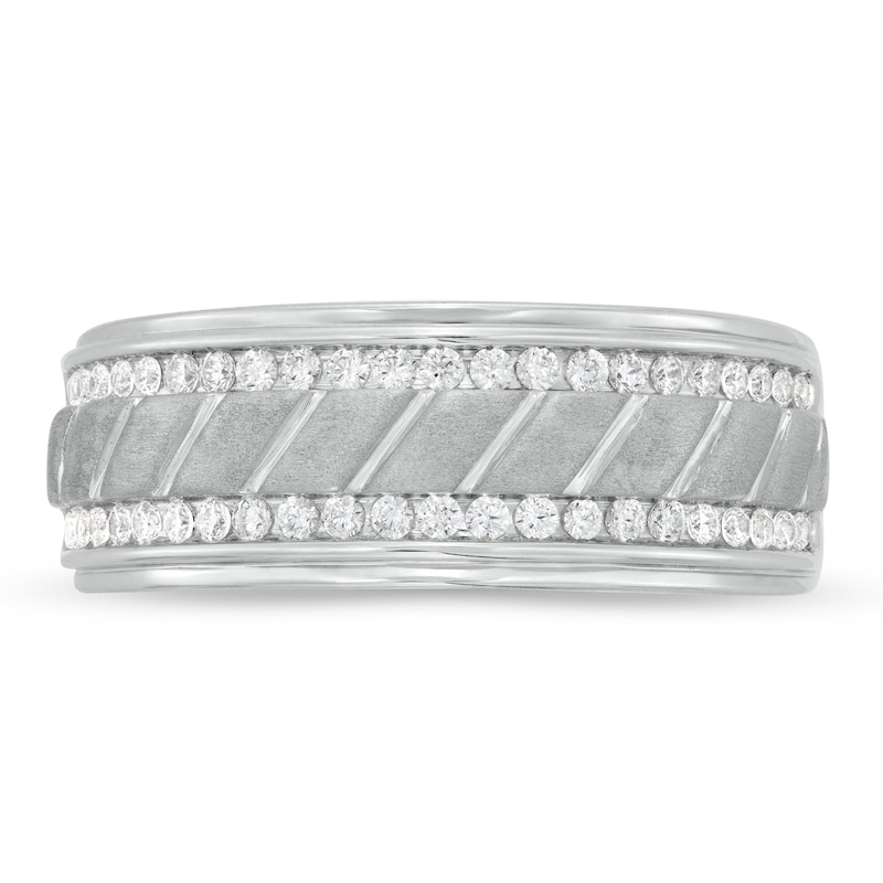 Main Image 4 of Men's 3/8 CT. T.W. Diamond Edge Slant Row Wedding Band in 10K White Gold