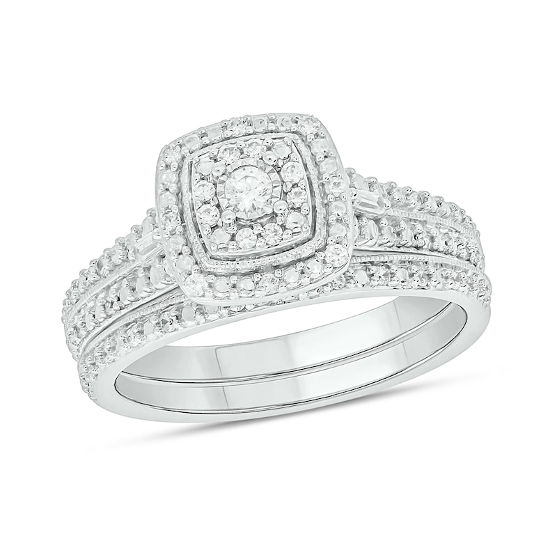 Main Image 1 of 1/4 CT. T.W. Cushion Multi-Diamond Frame Double Row Bridal Set in Sterling Silver