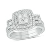 Thumbnail Image 1 of 1/3 CT. T.W. Cushion Multi-Diamond Double Frame Three Stone Bridal Set in Sterling Silver