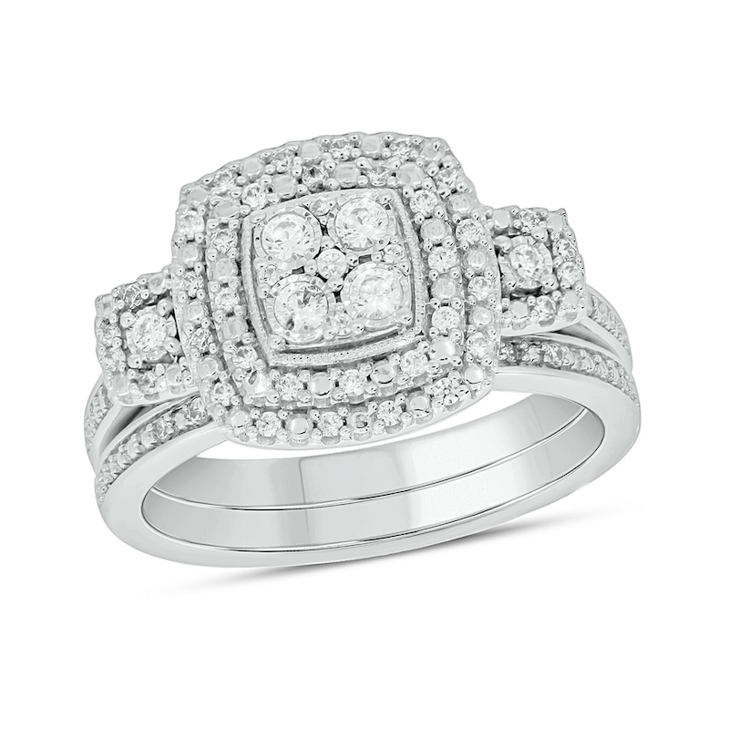 Main Image 1 of 1/3 CT. T.W. Cushion Multi-Diamond Double Frame Three Stone Bridal Set in Sterling Silver