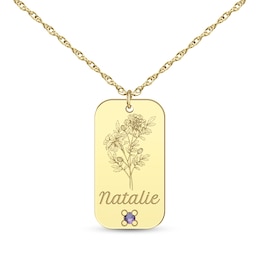 Simulated Gemstone and Birth Flower Engravable Rectangular Tag Pendant (1 Stone and Line)