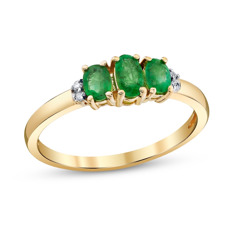 Main Image 1 of Oval Emerald and Diamond Accent Three Stone Ring in 14K Gold