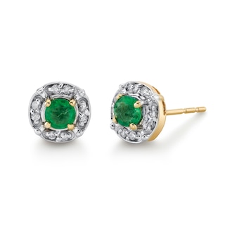 Emerald and 1/15 CT. T.W. Diamond Frame Stud Earrings in 10K Gold ...
