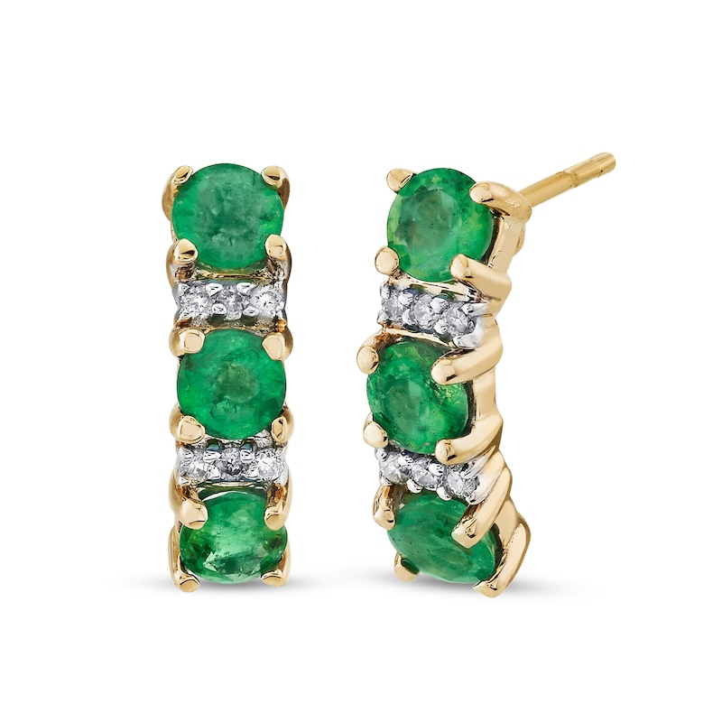 Main Image 1 of Alternating Emerald and 1/20 CT. T.W. Diamond J-Hoop Earrings in 14K Gold