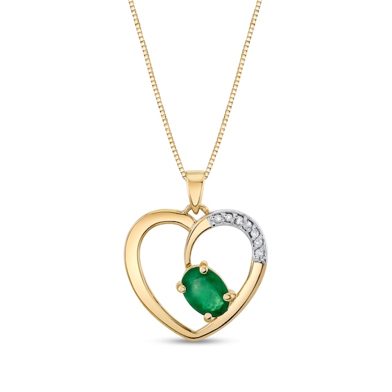 Offset Oval Emerald And Diamond Accent Heart Pendant In 14K Gold
