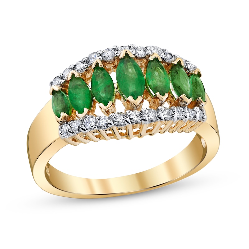 Main Image 1 of Marquise-Cut Emerald and 1/3 CT. T.W. Diamond Edge Open Shank Ring in 14K Gold