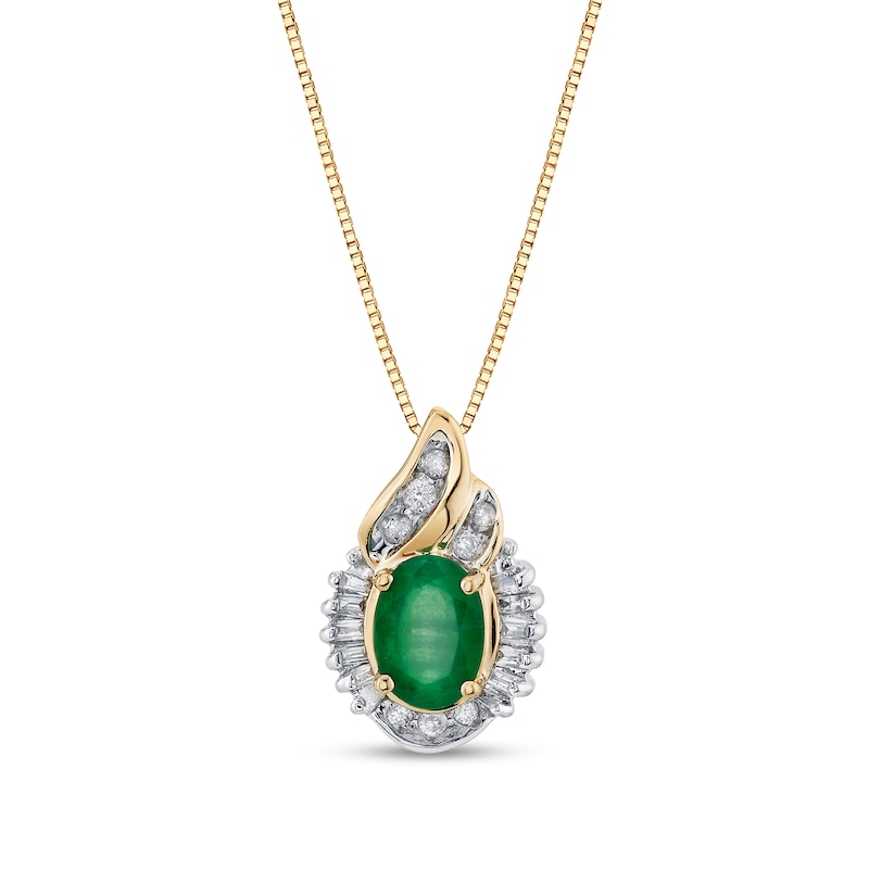 Oval Emerald and 1/5 CT. T.W. Baguette Diamond Flame Pendant in 14K ...