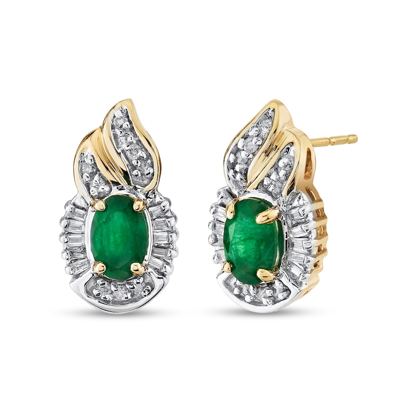 Oval Emerald and 1/3 CT. T.W. Baguette Diamond Flame Stud Earrings in ...