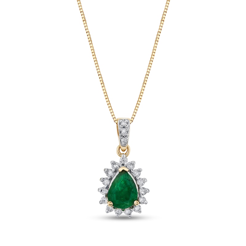 Pear-Shaped Emerald and 1/4 CT. T.W. Diamond Sunburst Frame Pendant in ...
