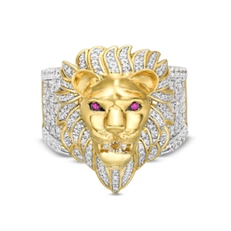 Men's 1 CT. T.W. Diamond and Lab-Created Ruby Lion Ring in 10K Gold