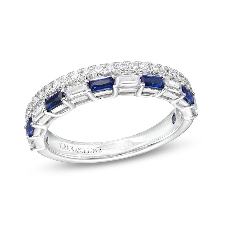 Main Image 1 of Vera Wang Love Collection 3/8 CT. T.W. Diamond and Blue Sapphire Stacked Band in 14K White Gold