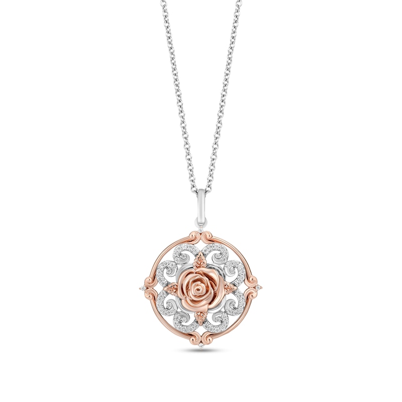 Main Image 1 of Enchanted Disney Belle 1/5 CT. T.W. Diamond Ornate Medallion Pendant in Sterling Silver and 10K Rose Gold