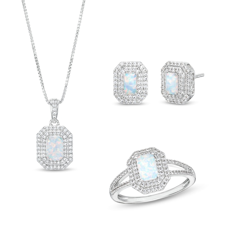 Main Image 1 of Lab-Created Opal and White Lab-Created Sapphire Octagon Frame Pendant, Ring and Stud Earrings Set in Sterling Silver