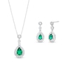 Thumbnail Image 1 of Pear Lab-Created Emerald and White Lab-Created Sapphire Vintage-Style Pendant and Drop Earrings Set in Sterling Silver