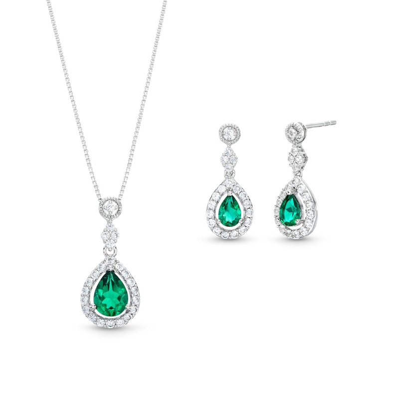 Main Image 1 of Pear Lab-Created Emerald and White Lab-Created Sapphire Vintage-Style Pendant and Drop Earrings Set in Sterling Silver